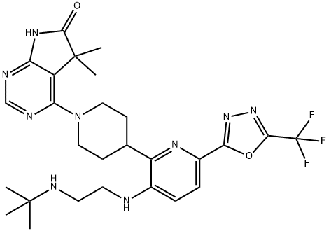 6H-Pyrrolo[2,3-d]pyrimidin-6-one, 4-[4-[3-[[2-[(1,1-dimethylethyl)amino]ethyl]amino]-6-[5-(trifluoromethyl)-1,3,4-oxadiazol-2-yl]-2-pyridinyl]-1-piperidinyl]-5,7-dihydro-5,5-dimethyl- Struktur