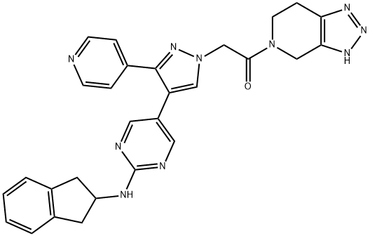 Ethanone, 2-[4-[2-[(2,3-dihydro-1H-inden-2-yl)amino]-5-pyrimidinyl]-3-(4-pyridinyl)-1H-pyrazol-1-yl]-1-(3,4,6,7-tetrahydro-5H-1,2,3-triazolo[4,5-c]pyridin-5-yl)- Struktur