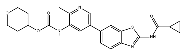 Carbamic acid, N-[5-[2-[(cyclopropylcarbonyl)amino]-6-benzothiazolyl]-2-methyl-3-pyridinyl]-, tetrahydro-2H-pyran-4-yl ester Struktur