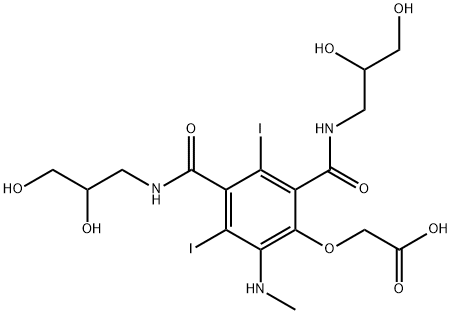 Acetic acid, 2-[2,4-bis[[(2,3-dihydroxypropyl)amino]carbonyl]-3,5-diiodo-6-(methylamino)phenoxy]- Struktur