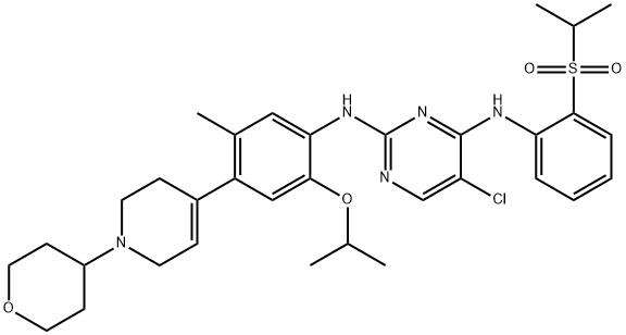 2,4-Pyrimidinediamine, 5-chloro-N4-[2-[(1-methylethyl)sulfonyl]phenyl]-N2-[5-methyl-2-(1-methylethoxy)-4-[1,2,3,6-tetrahydro-1-(tetrahydro-2H-pyran-4-yl)-4-pyridinyl]phenyl]- Struktur