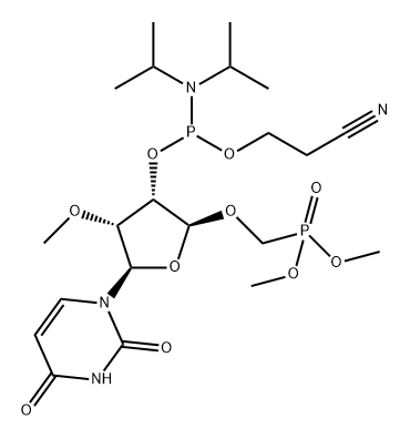 Phosphonic acid, P-[[[(2R,3S,4R,5R)-3-[[[bis(1-methylethyl)amino](2-cyanoethoxy)phosphino]oxy]-5-(3,4-dihydro-2,4-dioxo-1(2H)-pyrimidinyl)tetrahydro-4-methoxy-2-furanyl]oxy]methyl]-, dimethyl ester Struktur