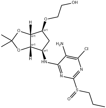 Ethanol, 2-[[(3aR,4S,6R,6aS)-6-[[5-amino-6-chloro-2-(propylsulfinyl)-4-pyrimidinyl]amino]tetrahydro-2,2-dimethyl-4H-cyclopenta-1,3-dioxol-4-yl]oxy]-, rel- Struktur