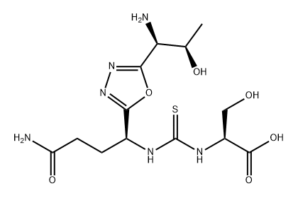 L-Serine, N-[[[(1S)-4-amino-1-[5-[(1S,2R)-1-amino-2-hydroxypropyl]-1,3,4-oxadiazol-2-yl]-4-oxobutyl]amino]thioxomethyl]- Struktur