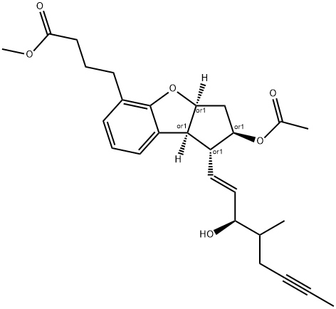 1H-Cyclopenta[b]benzofuran-5-butanoic acid, 2-(acetyloxy)-2,3,3a,8b-tetrahydro-1-[(1E,3R)-3-hydroxy-4-methyl-1-octen-6-ynyl]-, methyl ester, (1R,2R,3aS,8bS)-rel- Struktur