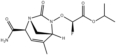 Acetic acid, 2-[[(1R,2S,5R)-2-(aminocarbonyl)-4-methyl-7-oxo-1,6-diazabicyclo[3.2.1]oct-3-en-6-yl]oxy]-2-fluoro-, 1-methylethyl ester, (2R)- Struktur