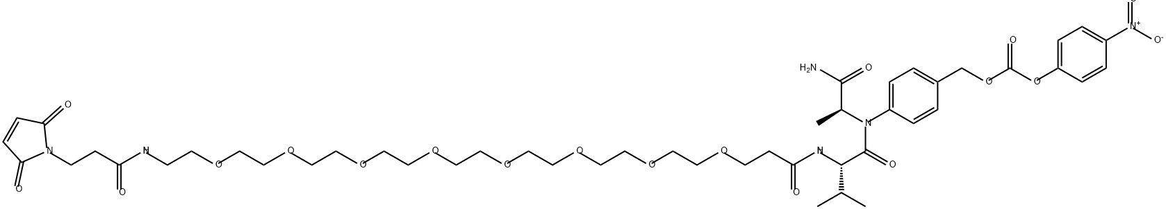 L-Alaninamide, N-[31-(2,5-dihydro-2,5-dioxo-1H-pyrrol-1-yl)-1,29-dioxo-4,7,10,13,16,19,22,25-octaoxa-28-azahentriacont-1-yl]-L-valyl-N-[4-[[[(4-nitrophenoxy)carbonyl]oxy]methyl]phenyl]- Struktur