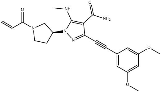 1H-Pyrazole-4-carboxamide, 3-[2-(3,5-dimethoxyphenyl)ethynyl]-5-(methylamino)-1-[(3S)-1-(1-oxo-2-propen-1-yl)-3-pyrrolidinyl]- Struktur