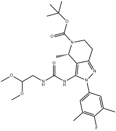 5H-Pyrazolo[4,3-c]pyridine-5-carboxylic acid, 3-[[[(2,2-dimethoxyethyl)amino]carbonyl]amino]-2-(4-fluoro-3,5-dimethylphenyl)-2,4,6,7-tetrahydro-4-methyl-, 1,1-dimethylethyl ester, (4S)- Struktur