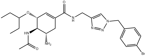 1-Cyclohexene-1-carboxamide, 4-(acetylamino)-5-amino-N-[[1-[(4-bromophenyl)methyl]-1H-1,2,3-triazol-4-yl]methyl]-3-(1-ethylpropoxy)-, (3R,4R,5S)- Struktur