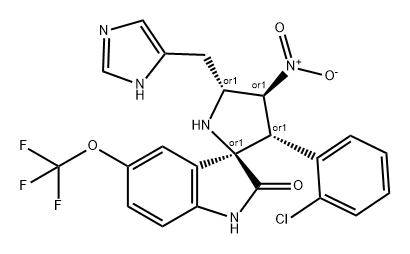 Spiro[3H-indole-3,2'-pyrrolidin]-2(1H)-one, 3'-(2-chlorophenyl)-5'-(1H-imidazol-5-ylmethyl)-4'-nitro-5-(trifluoromethoxy)-, (2'R,3'S,4'S,5'R)-rel- Struktur