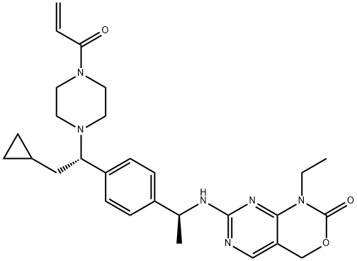 2H-Pyrimido[4,5-d][1,3]oxazin-2-one, 7-[[(1S)-1-[4-[(1S)-2-cyclopropyl-1-[4-(1-oxo-2-propen-1-yl)-1-piperazinyl]ethyl]phenyl]ethyl]amino]-1-ethyl-1,4-dihydro- Struktur