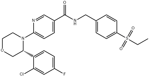 3-Pyridinecarboxamide, 6-[(3R)-3-(2-chloro-4-fluorophenyl)-4-morpholinyl]-N-[[4-(ethylsulfonyl)phenyl]methyl]- Struktur