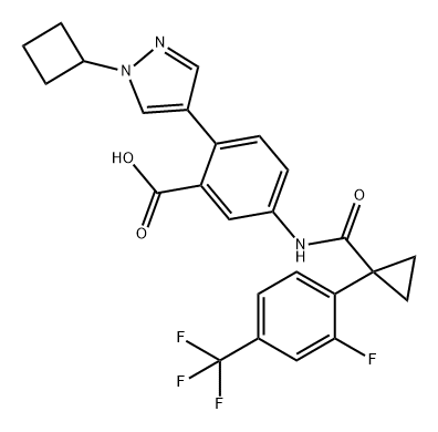 Benzoic acid, 2-(1-cyclobutyl-1H-pyrazol-4-yl)-5-[[[1-[2-fluoro-4-(trifluoromethyl)phenyl]cyclopropyl]carbonyl]amino]- Struktur