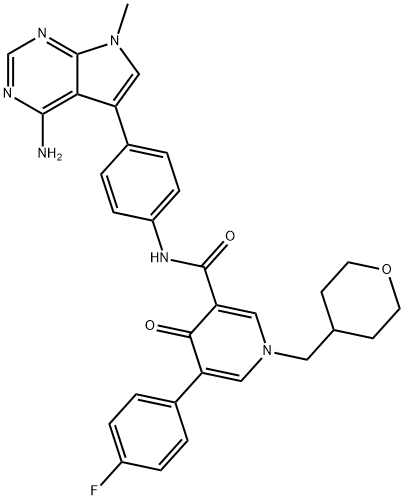 3-Pyridinecarboxamide, N-[4-(4-amino-7-methyl-7H-pyrrolo[2,3-d]pyrimidin-5-yl)phenyl]-5-(4-fluorophenyl)-1,4-dihydro-4-oxo-1-[(tetrahydro-2H-pyran-4-yl)methyl]- Structure