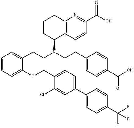 2-Quinolinecarboxylic acid, 5-[[2-(4-carboxyphenyl)ethyl][2-[2-[[3-chloro-4'-(trifluoromethyl)[1,1'-biphenyl]-4-yl]methoxy]phenyl]ethyl]amino]-5,6,7,8-tetrahydro-, (5S)- Struktur