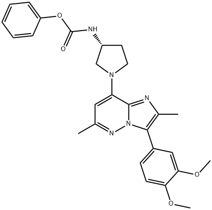 Carbamic acid, N-[(3R)-1-[3-(3,4-dimethoxyphenyl)-2,6-dimethylimidazo[1,2-b]pyridazin-8-yl]-3-pyrrolidinyl]-, phenyl ester Struktur