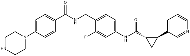 Benzamide, N-[[2-fluoro-4-[[[(1S,2S)-2-(3-pyridinyl)cyclopropyl]carbonyl]amino]phenyl]methyl]-4-(1-piperazinyl)- Struktur