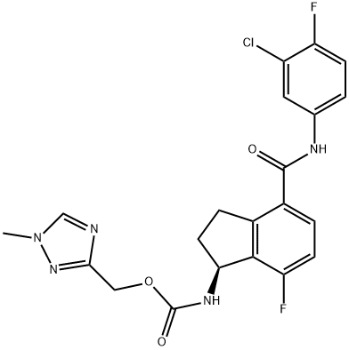 Carbamic acid, N-[(1S)-4-[[(3-chloro-4-fluorophenyl)amino]carbonyl]-7-fluoro-2,3-dihydro-1H-inden-1-yl]-, (1-methyl-1H-1,2,4-triazol-3-yl)methyl ester Struktur