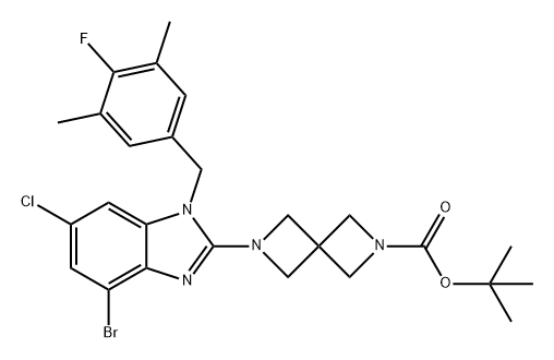 2,6-Diazaspiro[3.3]heptane-2-carboxylic acid, 6-[4-bromo-6-chloro-1-[(4-fluoro-3,5-dimethylphenyl)methyl]-1H-benzimidazol-2-yl]-, 1,1-dimethylethyl ester Struktur