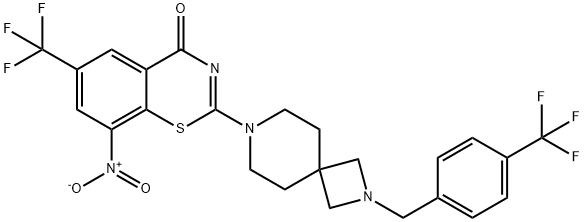 4H-1,3-Benzothiazin-4-one, 8-nitro-6-(trifluoromethyl)-2-[2-[[4-(trifluoromethyl)phenyl]methyl]-2,7-diazaspiro[3.5]non-7-yl]- Struktur