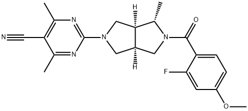 5-Pyrimidinecarbonitrile, 2-[(3aS,4S,6aR)-5-(2-fluoro-4-methoxybenzoyl)hexahydro-4-methylpyrrolo[3,4-c]pyrrol-2(1H)-yl]-4,6-dimethyl- Struktur