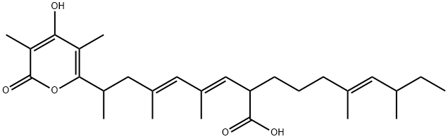 6-Decenoic acid, 2-[(1E,3E)-6-(4-hydroxy-3,5-dimethyl-2-oxo-2H-pyran-6-yl)-2,4-dimethyl-1,3-heptadien-1-yl]-6,8-dimethyl-, (6E)- Struktur