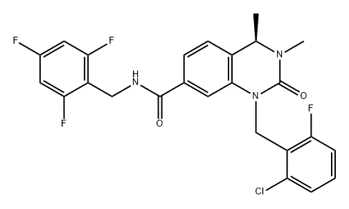 7-Quinazolinecarboxamide, 1-[(2-chloro-6-fluorophenyl)methyl]-1,2,3,4-tetrahydro-3,4-dimethyl-2-oxo-N-[(2,4,6-trifluorophenyl)methyl]-, (4R)- Struktur