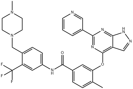 Benzamide, 4-methyl-N-[4-[(4-methyl-1-piperazinyl)methyl]-3-(trifluoromethyl)phenyl]-3-[[6-(3-pyridinyl)-1H-pyrazolo[3,4-d]pyrimidin-4-yl]oxy]- Struktur