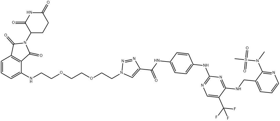 1H-1,2,3-Triazole-4-carboxamide, 1-[2-[2-[2-[[2-(2,6-dioxo-3-piperidinyl)-2,3-dihydro-1,3-dioxo-1H-isoindol-4-yl]amino]ethoxy]ethoxy]ethyl]-N-[4-[[4-[[[2-[methyl(methylsulfonyl)amino]-3-pyridinyl]methyl]amino]-5-(trifluoromethyl)-2-pyrimidinyl]amino]phenyl]- Struktur