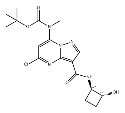 Carbamic acid, N-[5-chloro-3-[[[(1R,2R)-2-hydroxycyclobutyl]amino]carbonyl]pyrazolo[1,5-a]pyrimidin-7-yl]-N-methyl-, 1,1-dimethylethyl ester, rel- Struktur