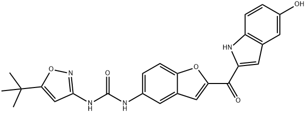 Urea, N-[5-(1,1-dimethylethyl)-3-isoxazolyl]-N'-[2-[(5-hydroxy-1H-indol-2-yl)carbonyl]-5-benzofuranyl]- Struktur