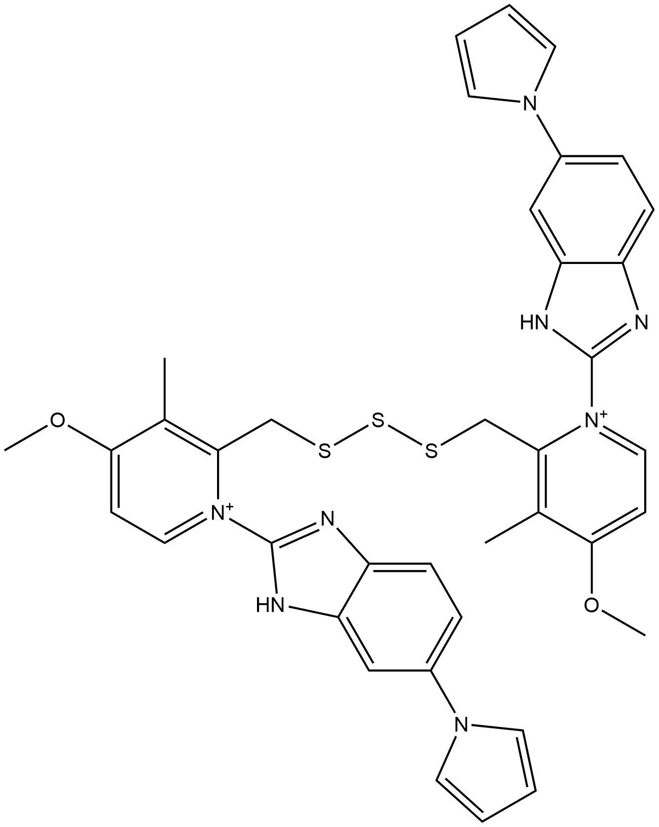 2,2′-[Trithiobis(methylene)]bis[4-methoxy-3-methyl-1-[6-(1H-pyrrol-1-yl)-1H-benzimidazol-2-yl]pyridinium] Struktur