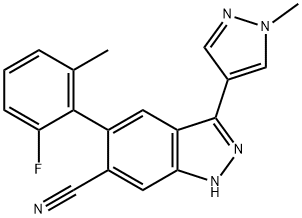 1H-Indazole-6-carbonitrile, 5-(2-fluoro-6-methylphenyl)-3-(1-methyl-1H-pyrazol-4-yl)- Struktur