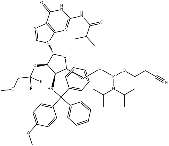 Guanosine, 3'-?deoxy-?2'-?O-?(1,?1-?difluoro-?2-?methoxyethyl)?-?3'-?[[(4-?methoxyphenyl)?diphenylmethyl]?amino]?-?N-?(2-?methyl-?1-?oxopropyl)?-?, 5'-?[2-?cyanoethyl N,?N-?bis(1-?methylethyl)?phosphoramidite] Struktur