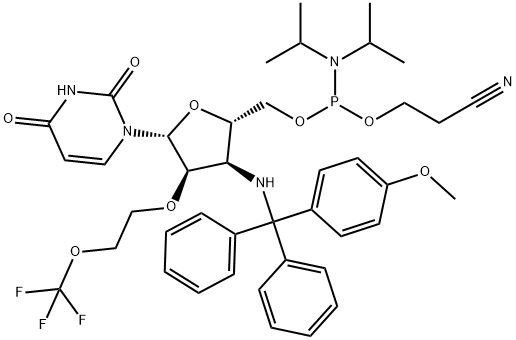 Uridine, 3'-?deoxy-?3'-?[[(4-?methoxyphenyl)?diphenylmethyl]?amino]?-?2'-?O-?[2-?(trifluoromethoxy)?ethyl]?-?, 5'-?[2-?cyanoethyl N,?N-?bis(1-?methylethyl)?phosphoramidite] Struktur