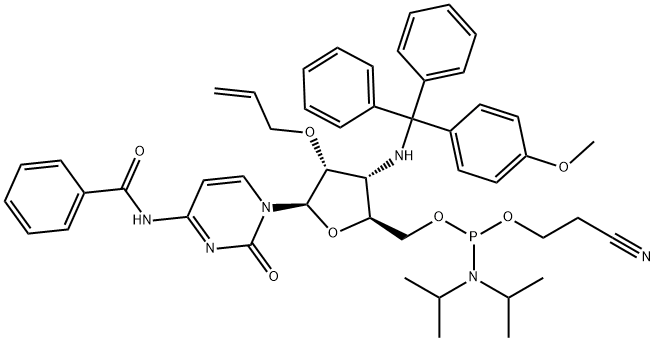 Cytidine, N-?benzoyl-?3'-?deoxy-?3'-?[[(4-?methoxyphenyl)?diphenylmethyl]?amino]?-?2'-?O-?2-?propen-?1-?yl-?, 5'-?[2-?cyanoethyl N,?N-?bis(1-?methylethyl)?phosphoramidite] Struktur