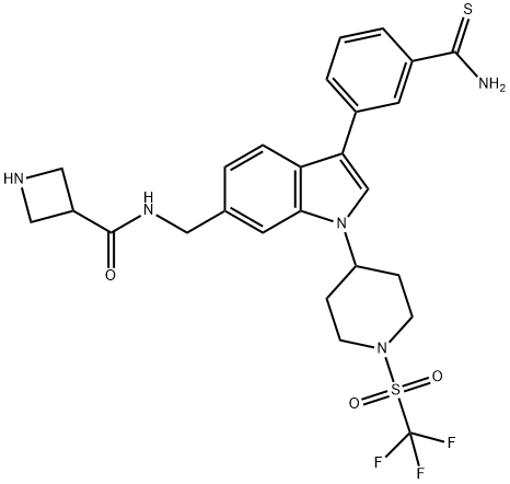 3-Azetidinecarboxamide, N-[[3-[3-(aminothioxomethyl)phenyl]-1-[1-[(trifluoromethyl)sulfonyl]-4-piperidinyl]-1H-indol-6-yl]methyl]- Struktur