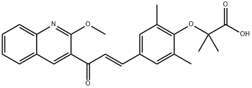 Propanoic acid, 2-[4-[(1E)-3-(2-methoxy-3-quinolinyl)-3-oxo-1-propen-1-yl]-2,6-dimethylphenoxy]-2-methyl- Struktur