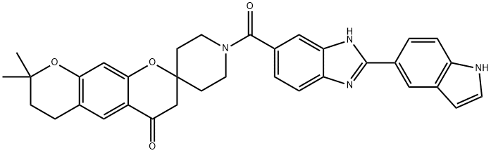 Spiro[2H,6H-benzo[1,2-b:5,4-b']dipyran-2,4'-piperidin]-4(3H)-one, 7,8-dihydro-1'-[[2-(1H-indol-5-yl)-1H-benzimidazol-6-yl]carbonyl]-8,8-dimethyl- Struktur