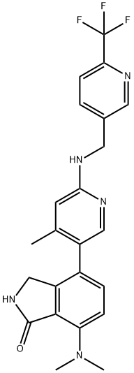 1H-Isoindol-1-one, 7-(dimethylamino)-2,3-dihydro-4-[4-methyl-6-[[[6-(trifluoromethyl)-3-pyridinyl]methyl]amino]-3-pyridinyl]- Struktur