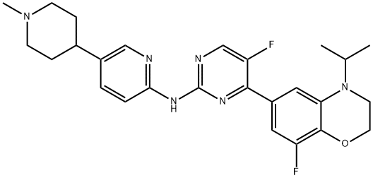 2-Pyrimidinamine, 5-fluoro-4-[8-fluoro-3,4-dihydro-4-(1-methylethyl)-2H-1,4-benzoxazin-6-yl]-N-[5-(1-methyl-4-piperidinyl)-2-pyridinyl]- Struktur