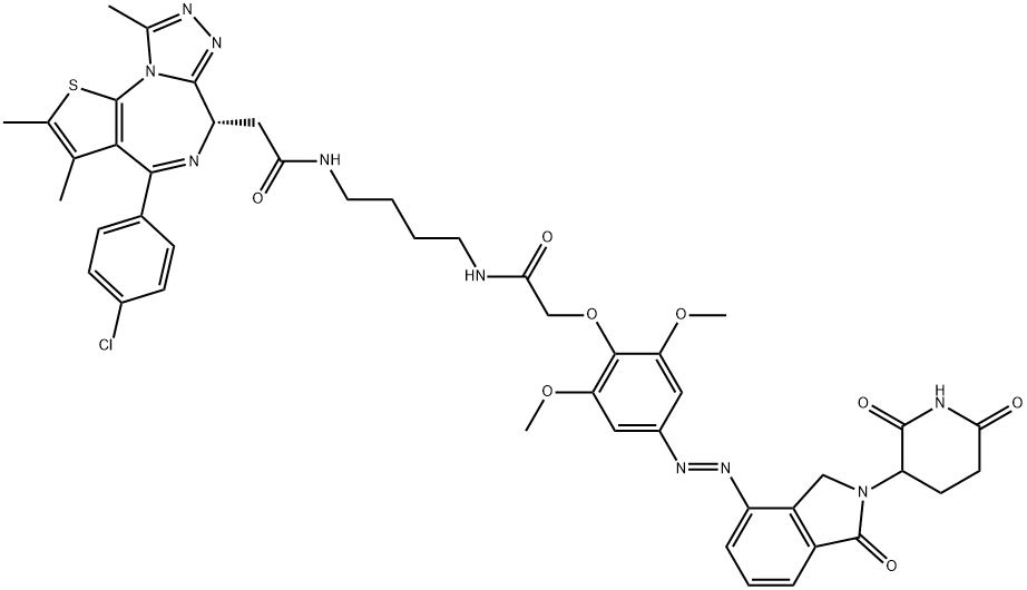 6H-Thieno[3,2-f][1,2,4]triazolo[4,3-a][1,4]diazepine-6-acetamide, 4-(4-chlorophenyl)-N-[4-[[2-[4-[(1E)-2-[2-(2,6-dioxo-3-piperidinyl)-2,3-dihydro-1-oxo-1H-isoindol-4-yl]diazenyl]-2,6-dimethoxyphenoxy]acetyl]amino]butyl]-2,3,9-trimethyl-, (6S)- Struktur