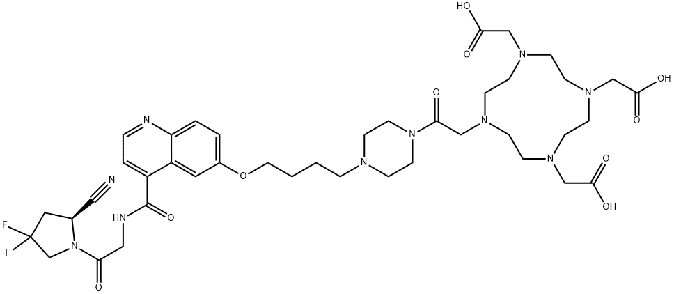 10-[2-[4-[4-[[4-[[[2-[(2S)-2-Cyano-4,4-difluoro-1-pyrrolidinyl]-2-oxoethyl]amino]carbonyl]-6-quinolinyl]oxy]butyl]-1-piperazinyl]-2-oxoethyl]-1,4,7,10-tetraazacyclododecane-1,4,7-triacetic acid Struktur