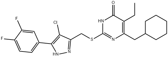 4(3H)-Pyrimidinone, 2-[[[4-chloro-5-(3,4-difluorophenyl)-1H-pyrazol-3-yl]methyl]thio]-6-(cyclohexylmethyl)-5-ethyl- Struktur