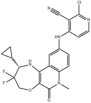 3-Pyridinecarbonitrile, 2-chloro-4-[[(2S)-2-cyclopropyl-3,3-difluoro-1,2,3,4,6,7-hexahydro-7-methyl-6-oxo[1,4]oxazepino[2,3-c]quinolin-10-yl]amino]- Struktur