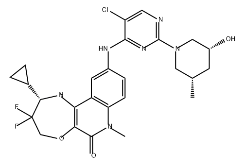 [1,4]Oxazepino[2,3-c]quinolin-6(7H)-one, 10-[[5-chloro-2-[(3R,5S)-3-hydroxy-5-methyl-1-piperidinyl]-4-pyrimidinyl]amino]-2-cyclopropyl-3,3-difluoro-1,2,3,4-tetrahydro-7-methyl-, (2S)- Struktur