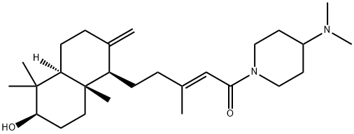 2-Penten-1-one, 5-[(1R,4aS,6R,8aS)-decahydro-6-hydroxy-5,5,8a-trimethyl-2-methylene-1-naphthalenyl]-1-[4-(dimethylamino)-1-piperidinyl]-3-methyl-, (2E)- Struktur