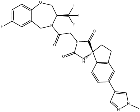 Spiro[imidazolidine-4,1'-[1H]indene]-2,5-dione, 1-[2-[(3S)-7-fluoro-2,3-dihydro-3-(trifluoromethyl)-1,4-benzoxazepin-4(5H)-yl]-2-oxoethyl]-2',3'-dihydro-5'-(1-methyl-1H-pyrazol-4-yl)-, (1'R)- Struktur