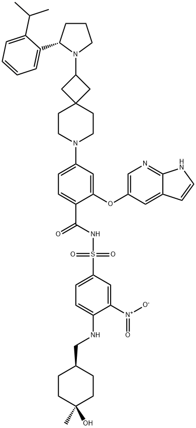 Benzamide, N-[[4-[[(trans-4-hydroxy-4-methylcyclohexyl)methyl]amino]-3-nitrophenyl]sulfonyl]-4-[2-[(2S)-2-[2-(1-methylethyl)phenyl]-1-pyrrolidinyl]-7-azaspiro[3.5]non-7-yl]-2-(1H-pyrrolo[2,3-b]pyridin-5-yloxy)- Struktur